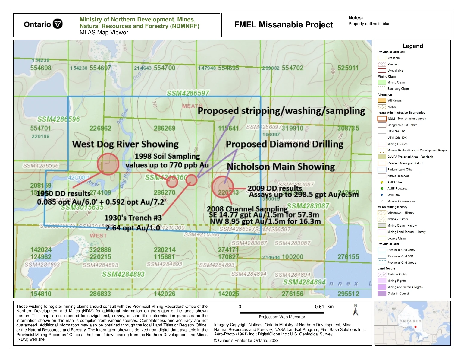 Historic Missanabie project map identifying Main Showing, West Dog River Showing and proposed drilling sites.