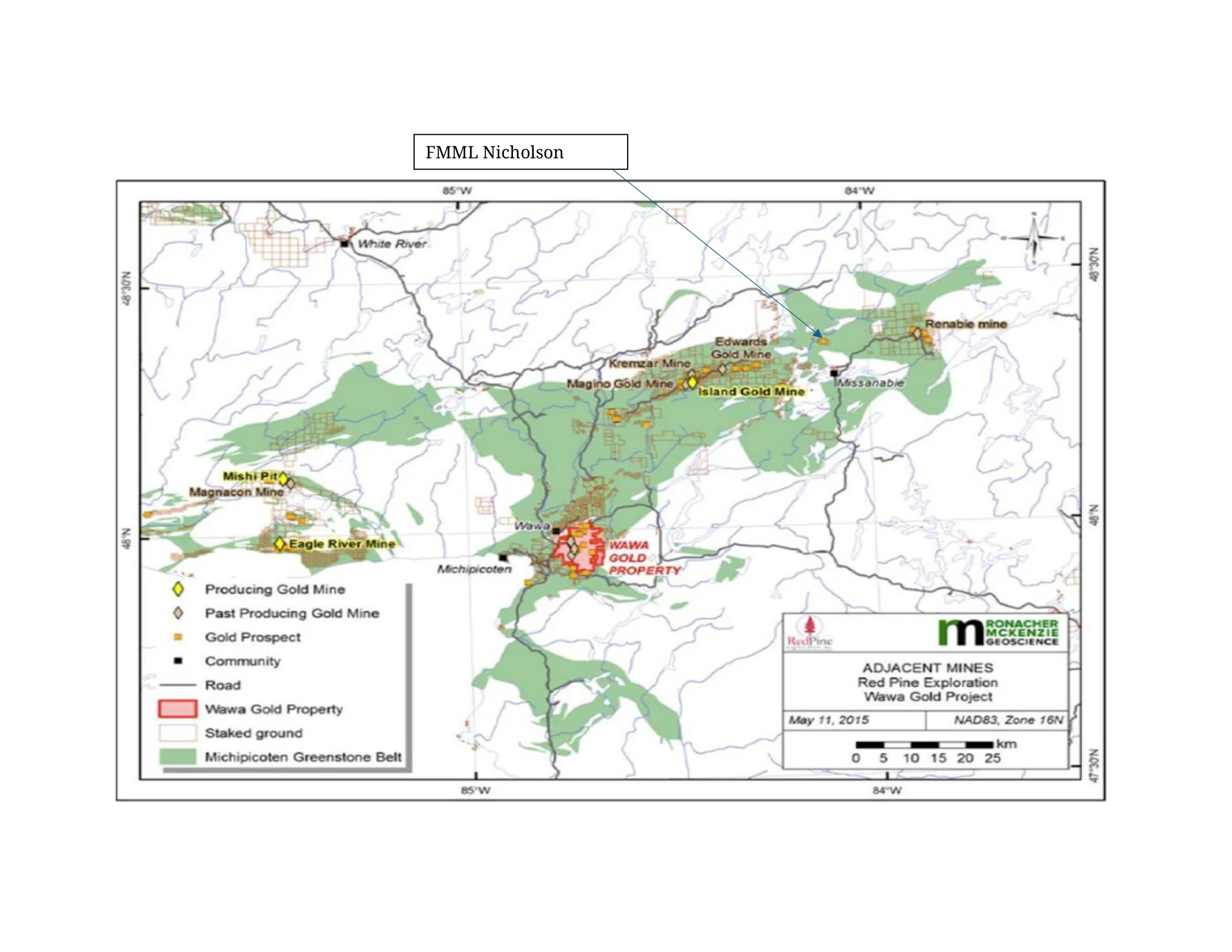 Historic Wawa Greenstone Belt and adjacent mines reference showing Nicholson location.